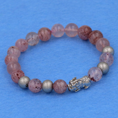 Vòng tay thạch anh dâu tây 8 ly - cẩn Tỳ Hưu inox bạc VTADTTHTB8 - hợp mệnh Hỏa, mệnh Thổ