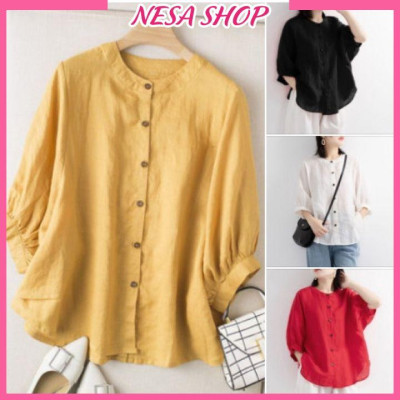 Áo sơ mi nữ form rộng kiểu tay lỡ cổ tròn NeSa Shop, chất liệu Đũi tơ thấm hút mồ hôi, áo sơ mi nữ nhiều màu, SMH.034
