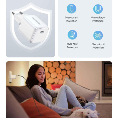 Ugreen UG15324CD318TK 20W 1c GaN Nexode chuẩn cắm EU chân tròn Màu Trắng Củ sạc nhanh USB-C - HÀNG CHÍNH HÃNG