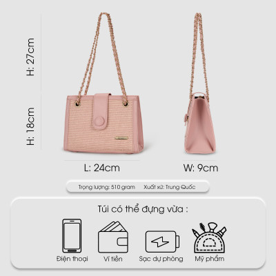 Túi xách nữ đeo vai công sở phom đứng, túi đeo chéo nữ họa tiết đan mây phối dây xích IDIGO FB2 - 5061