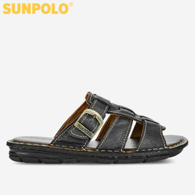 Dép nam quai ngang da bò cao cấp SUNPOLO AQN001 phiên bản đen