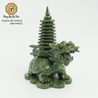 Tượng Long Quy cõng tháp văn xương 9 tầng , đá sarphentine màu xanh,Kích thước cao 18 x 17 x 10 cm, nặng 1,3kg