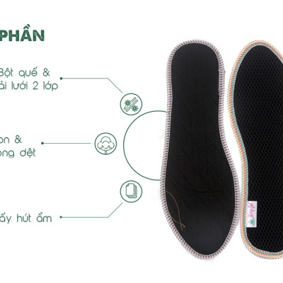 Lót giày lưới 2 lớp Hương Quế CI-06 làm từ vải lưới 2 lớp - vải cotton - bột quế giúp êm chân - ấm chân - phòng cảm cúm