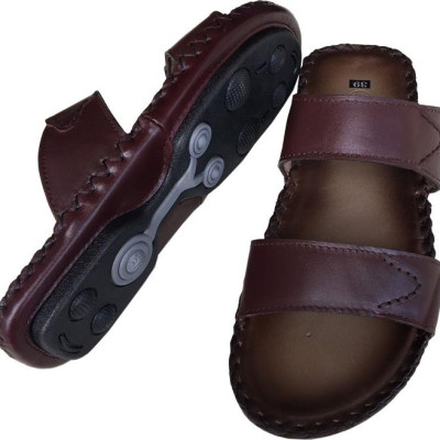 Dép nam quai ngang TRƯỜNG HẢI  đế âm dép hai quai da bò thật cao cấp mặt đê cao su chống mòn không trơn THQN611 