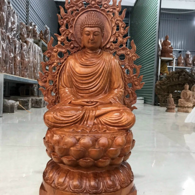 Tượng phật thích ca bằng gỗ hương đá kt cao 40×20×20cm+ lá chắn hòa quang 50cm