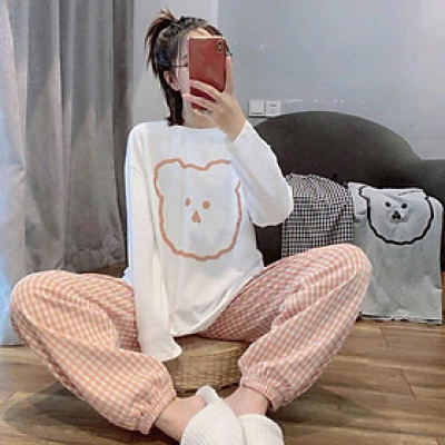 Bộ đồ ngủ cotton 127 gấu đơn giản tay dài quần dài
