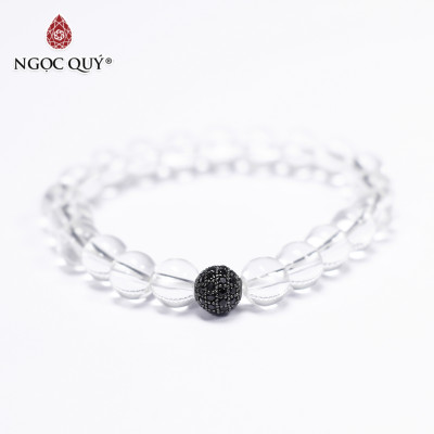 Vòng tay đá thạch anh trắng phối charm hợp kim đen đính đá 8mm mệnh thủy, kim - Ngọc Quý Gemstones