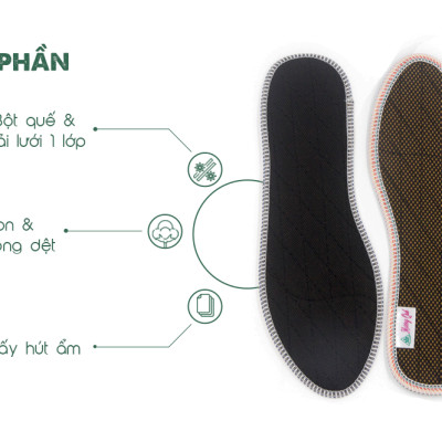 Lót giày lưới 1 lớp Hương Quế CI-05 làm từ vải lưới 1 lớp - vải cotton - bột quế giúp êm chân - ấm chân - phòng cảm cúm và cải thiên sức khỏe
