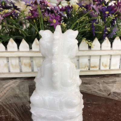 Tượng Phật Bà Quan Âm 2 mặt ngồi đài sen có hào quang đá trắng - Cao 12 cm và 15 cm