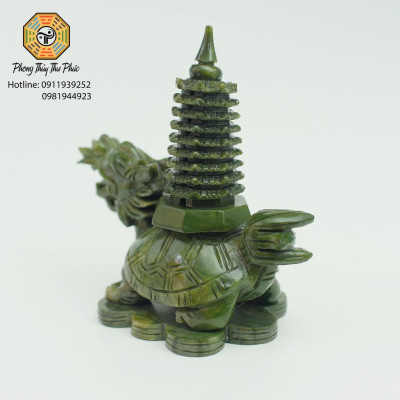 Tượng Long Quy cõng tháp văn xương 9 tầng , đá sarphentine màu xanh,Kích thước cao 18 x 17 x 10 cm, nặng 1,3kg