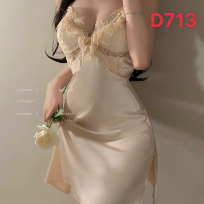 Váy Ngủ D721 Lụa Quảng Châu Cao Cấp Đính Nơ Viền Bèo Tiểu Thư Xinh Xắn