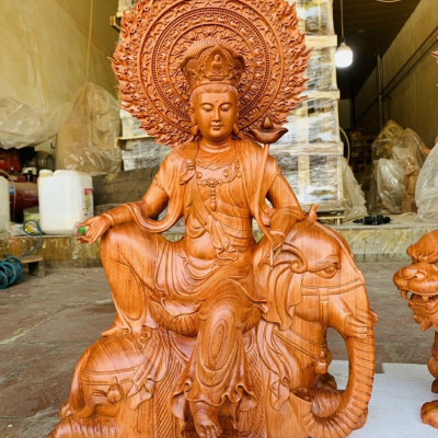 Tượng phật văn thù _phổ hiền bồ tát bằng gỗ hương đá kt cao 42×35×20cm +cả lá chắn bồ đề cao tổng 62cm