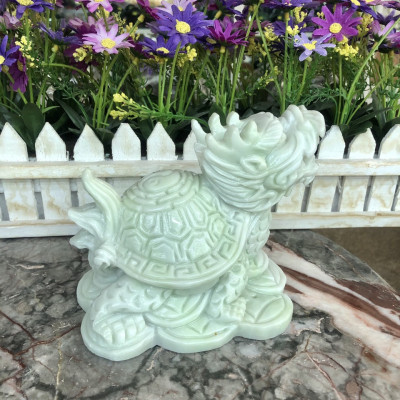 Tượng Long Quy ( Rùa đầu Rồng ) đứng trên xâu tiền phong thủy đá cẩm thạch trắng xanh - Dài 15 cm