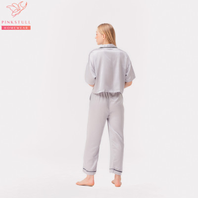 Bộ đồ ngủ pijamas tay ngắn quần dài Pink Stull 3 Màu:xám viền đen,đỏ viền trắng,hồng viền đen