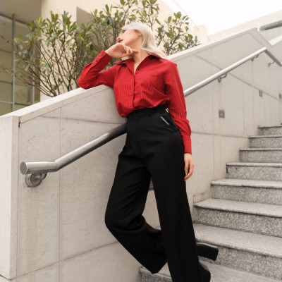 Áo somi giấu nút sọc đỏ