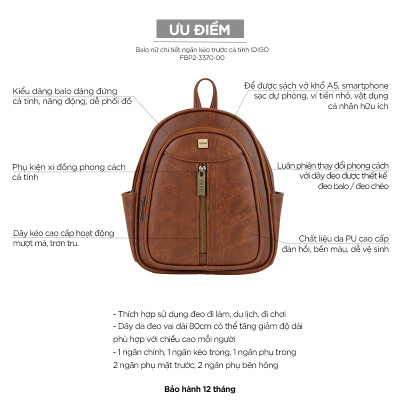 Balo da nữ thời trang IDIGO FBP2 - 3370, balo công sở ngăn kéo trước cá tính