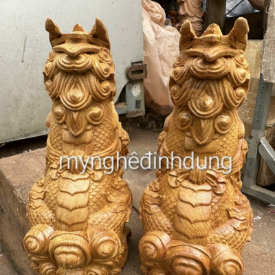 Cặp nghê giữ nhà phong thủy cầu tài lộc bằng gỗ bách xanh thơm nức kt cao 20cm 