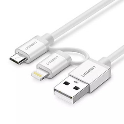 Ugreen UG20748US165TK 1M màu Trắng Cáp sạc đa năng USB sang MicroUSB + Lightning - HÀNG CHÍNH HÃNG