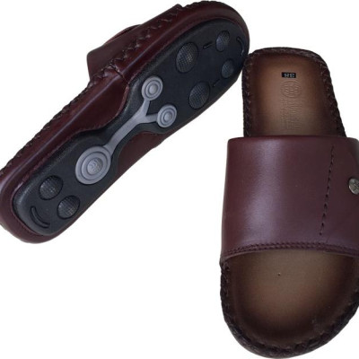 Dép nam quai ngang TRƯỜNG HẢI một bản da bò thật đế âm may viền thủ công chắc chắn tỉ mỉ mặt đế cao su chống mòn không trơn QNTH074  - Nâu - 44