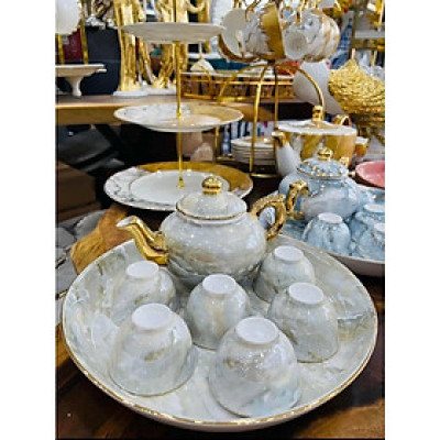 BỘ ẤM CHÉN KÈM KHAY SỨ TRẮNG XÁM VÂN ĐÁ VIỀN VÀNG CAO CẤP