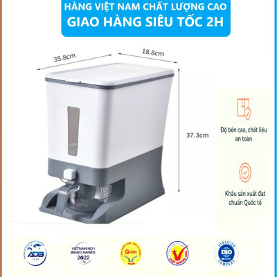 Hộp đựng gạo - Thùng đựng gạo tiện ích 10kg Hokori Việt Nhật Có Nút bấm lấy gạo tự động Tặng Kèm Ca Đong Gạo - Hàng Việt Nam