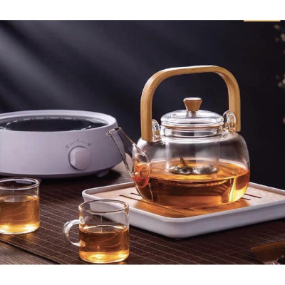 Bộ ấm chén thủy tinh tay gỗ cao pha trà 900ml kèm khay gỗ ( Khay giao ngẫu nhiên )