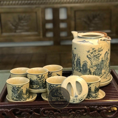 Bộ Ấm Tích Men Rạn Bát Tràng Họa Tiết Trúc Lâm Thất Hiền Dáng Dương Dũng Dung Tích 1800ml AHL 23