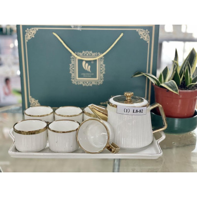 BỘ ẤM CHÉN KÈM KHAY SỨ PHA TRÀ CÀ PHÊ TRẮNG VIỀN VÀNG VÂN TĂM