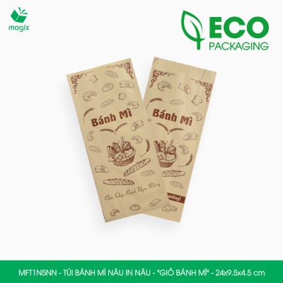 MFT1N5NN - 24x9.5x4.5 cm - 200 Túi bánh mì Nâu, in sẵn họa tiết GIỎ BÁNH MÌ - Bao bánh mì Túi giấy thực phẩm an toàn