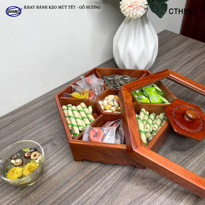 Khay Đựng Mứt Tết Bằng Gỗ Hương Nắp Kính Lục Giác Trong Suốt Sang Trọng - CTH591