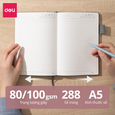 Sổ Tay Ghi Chép A5 Bìa Da Kẻ Ngang Deli - 288 Trang Sổ Tay Bìa Da Chống Nước 80/100gsm Làm Quà Tặng Sang Trọng