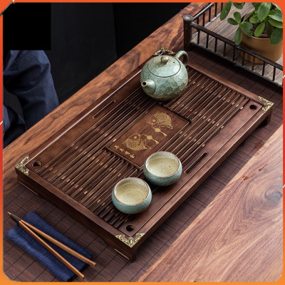 Khay Gỗ Ấm Chén Bọc Viền Đồng Nâu, Kích Thước 43x28x5.5cm - Hàng Nhập Khẩu