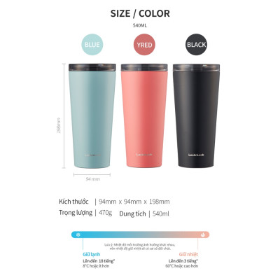 Bình giữ nhiệt LocknLock New Clip Tumbler màu đen LHC4279BLK 540ml, Hàng chính hãng, có 2 nắp thay thế - JoyMall