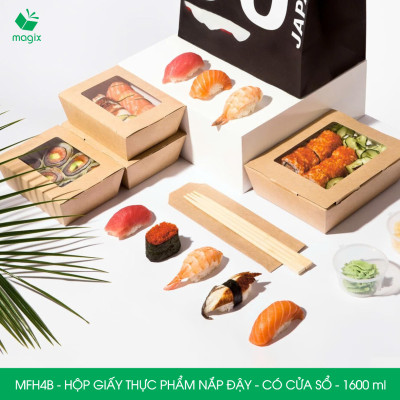 MFH4B - 1600ml - 100 hộp giấy kraft đựng thực phẩm, hộp giấy đựng thức ăn có cửa sổ, hộp đựng cơm