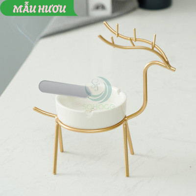 Gạt Tàn Hình Hươu Nghệ Thuật Cao Cấp- Gạt Tàn Trang Trí Kiểu Dáng Hươu Vàng- Gạt Tàn Sứ Hươu Vàng Phong Cách Bắc Âu- Gạt Tàn Sứ Kèm Giá Đỡ Hươu Kim Loại