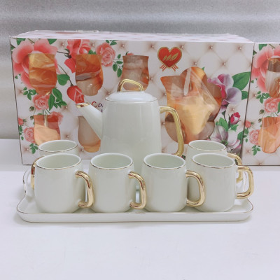 BỘ BÌNH TRÀ CÀ PHÊ KÈM  KHAY SỨ TRẮNG VIỀN VÀNG CAMELIA - ANTH410