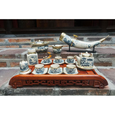 Bộ ấm trà Bát Tràng men rạn cổ dáng tích vuông bọc đồng chọn bộ