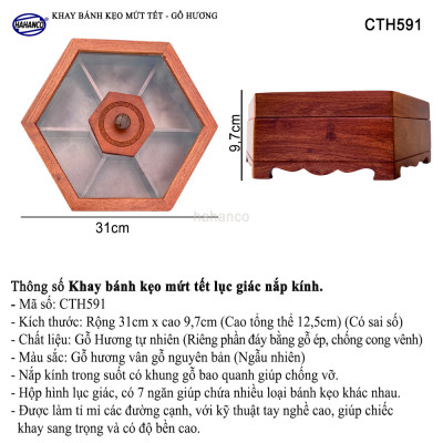 Khay Đựng Mứt Tết Bằng Gỗ Hương Nắp Kính Lục Giác Trong Suốt Sang Trọng - CTH591