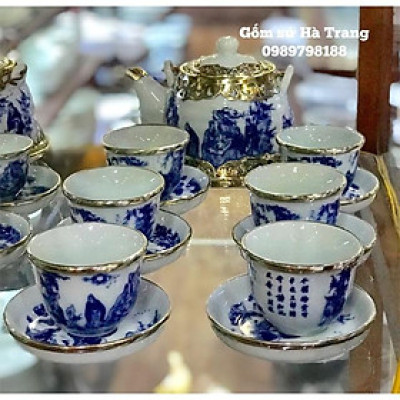 Ấm chén Bát Tràng Bọc đồng Hoạ tiết trúc lâm thất hiền