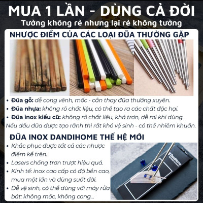 Set 05 đôi đũa inox 304 - 316 DandiHome 2020 chống trơn trượt, sang trọng, tinh tế
