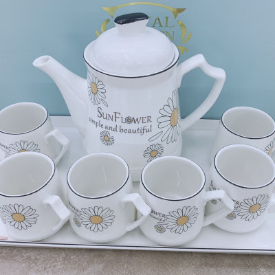 BỘ ẤM CHÉN KÈM KHAY SỨ CAMELIA PHA TRÀ CÀ PHÊ MÀU TRẮNG HỌA TIẾT HOA CÚC XINH XẮN - ANTH408