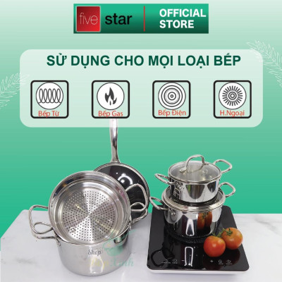 Bộ nồi chảo chống dính 3 lớp đáy liền Inox 304 Fivestar Plus FPB5006 nắp kính , bảo hành 25 năm - tặng 1 vá canh