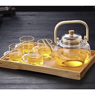 Bộ ấm chén thủy tinh tay gỗ cao pha trà 900ml kèm khay gỗ ( KHay giao ngẫu nhiên )