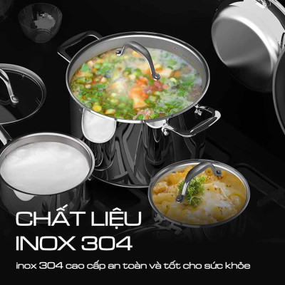 Bộ nồi inox Ciwete SS0103-11PC NEW-SS set 7 món ( 2 chảo inox, 1 quánh, 1 nồi chảo, 2 nồi, 1 xửng hấp) Hàng chính hãng