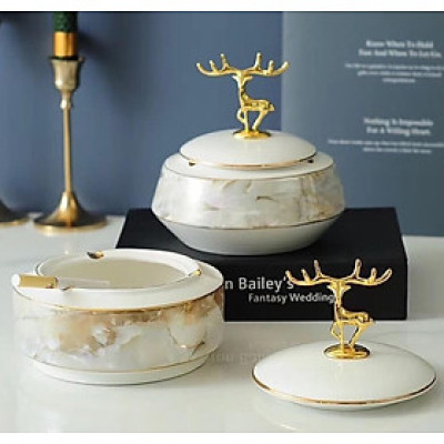 GẠT TÀN THUỐC LÁ BẰNG SỨ XƯƠNG CAO CẤP CÓ NẮP HÌNH ĐẦU HƯƠU VÀNG SANG TRỌNG