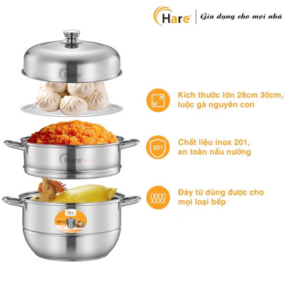 Bộ nồi hấp inox cao cấp đáy từ 3 tầng vung kính - thương hiệu Hare - lỗi 1 đổi 1