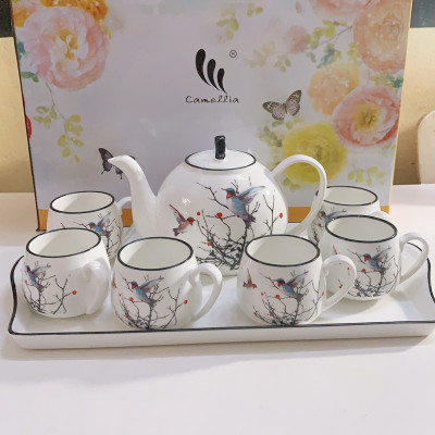 BỘ ẤM CHÉN PHA TRÀ KÈM KHAY SỨ CAO CẤP TRẮNG HỌA TIẾT CHIM ÉM MÙA XUÂN - ANTH672