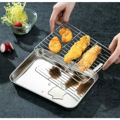Khay Nướng Inox 304 Dày Dặn Kèm Vỉ Hấp Hình Chữ Nhật Dùng Nướng Bánh, Thực Phẩm - HÀNG CHÍNH HÃNG MINIIN