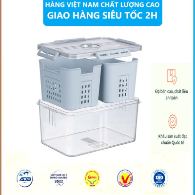 Bộ hộp rổ trong HOKORI nhựa VIỆT NHẬT cao cấp - 2 ngăn, 3 ngăn, tách nước - Thực phẩm tủ lạnh - Hàng Việt Nam