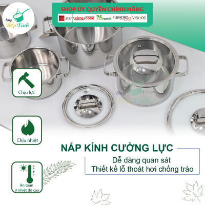 Bộ nồi inox đáy từ cao cấp FiveStar Plus FS08CG-304 nắp kính 4 chiếc,inox 304 , tặng 1 vá canh